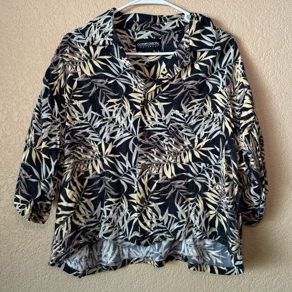 Ocean Pacific Black and Cream Leaf Print Top